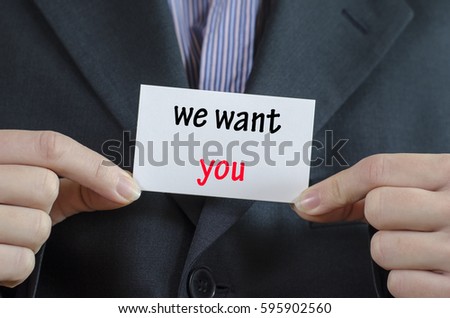 We want you text note concept over business woman background
