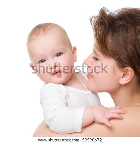 Young mummy and her kid on a white background