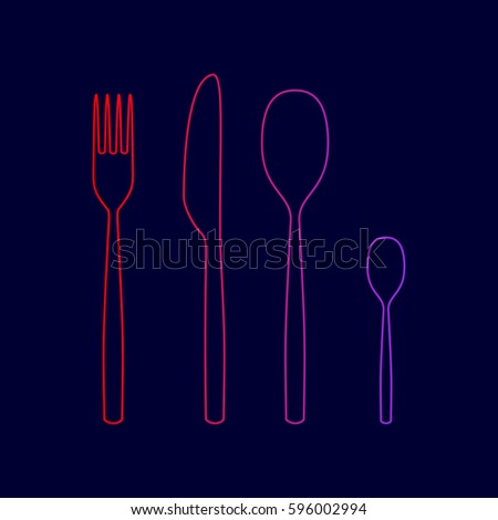Fork spoon and knife sign. Vector. Line icon with gradient from red to violet colors on dark blue background.