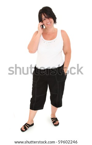 Attractive over weight forty year old french american woman over white background with cellphone.