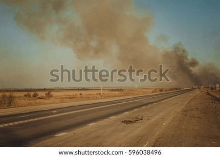 Burning steppe along the road. Burns dry grass.  