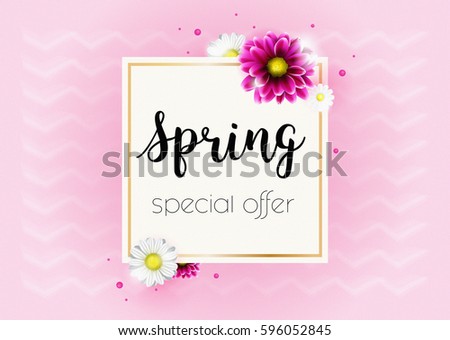 Spring sale banner with pink and white flowers and gold frame on sun bream background. Best Price.