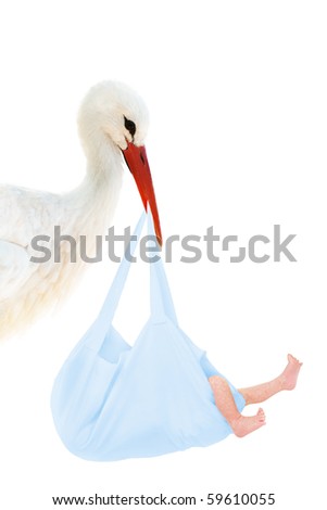 A stork holding a blue bag with a baby in his beak Royalty-Free Stock Photo #59610055