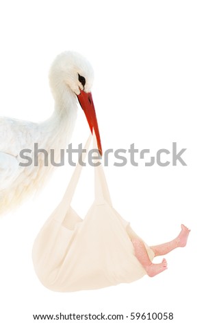 A stork holding a linen bag with a baby in his beak Royalty-Free Stock Photo #59610058
