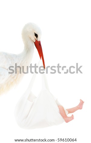 A stork holding a white bag with a baby in his beak Royalty-Free Stock Photo #59610064
