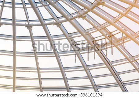 Windows for automatic smoke removal in the glass dome of the modern building. Engineering systems in construction.