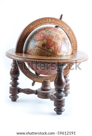 Old wooden globe on wood stand showing Europe on isolated white background.