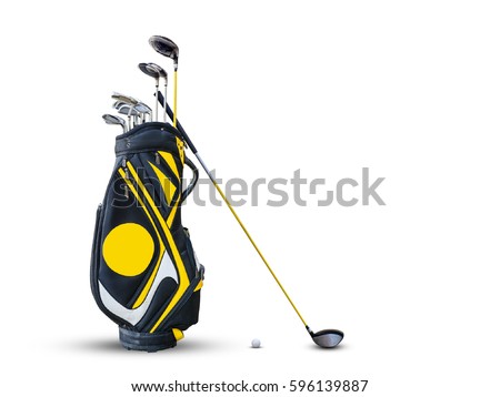 Golf equipment golf ball and golf bag isolated. Royalty-Free Stock Photo #596139887