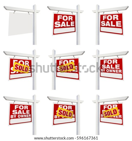 Complete Set of Real Estate Signs with For Sale, Sold, For Sale By Owner and Blank Isolated on White.