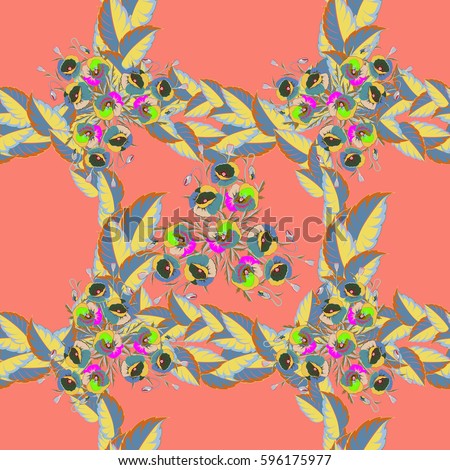 Doodle sketch style, hand-drawn illustration. Seamless floral pattern with poppy flowers, leaves, decorative elements, splash, blots and drop on a pink background. Hand drawn contour lines and strokes