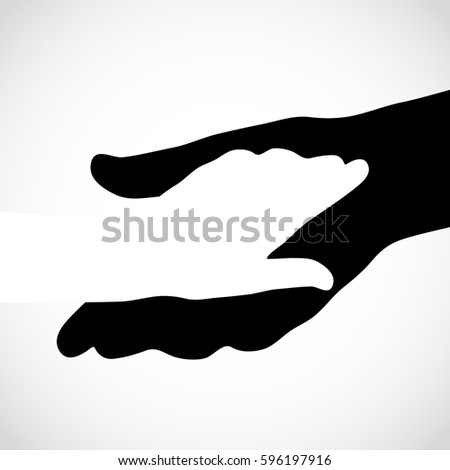 Black color big hand and white small hand concept. Help symbol hands support emblem. Hands icon illustration. Education, health care, medical, design element.