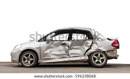 Isolate side of the car, the color of Braun White, which crashed with another car until it was demolished. Royalty-Free Stock Photo #596238068