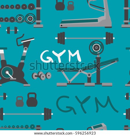 Seamless textile pattern of gym training, bodybuilding, healthy and active lifestyle, fitness elements. Vector flat cartoon background