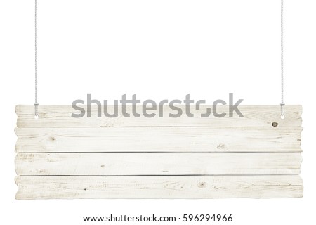 Wooden sign with ropes isolated over white background 