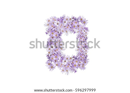 Letter D of purple flowers isolated on white background, font for your design, sample text / symbol / alphabet 