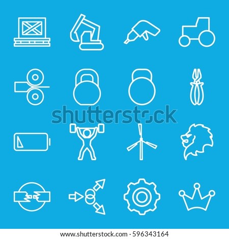 power icons set. Set of 16 power outline icons such as lion, mill, Crown, drill, excavator, tractor, pliers, barbell, cargo on palette, low battery, gear    sign symb