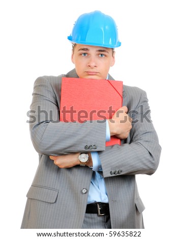 Businessman with blue hard hat holding red  folder isolated on white background