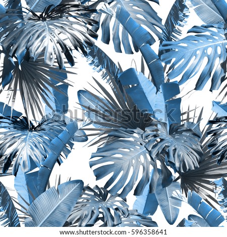 Tropical leaves pattern palm plants. Blue leaf exotic monstera seamless. Artistic desogn photo collage for floral exotic  print. Tropic background on a white color. Banana leafs azure colour.