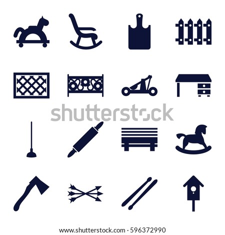 wooden icons set. Set of 16 wooden filled icons such as horse toy, office desk, hoe, axe, fence, nesting house, drum stick, dough pin, chopping board, arrow bow, catapult
