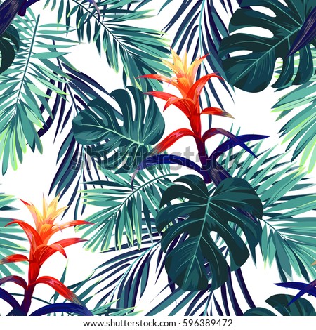 Hand drawn seamless floral pattern with guzmania flowers, monstera and royal palm leaves. Exotic hawaiian vector background. Royalty-Free Stock Photo #596389472