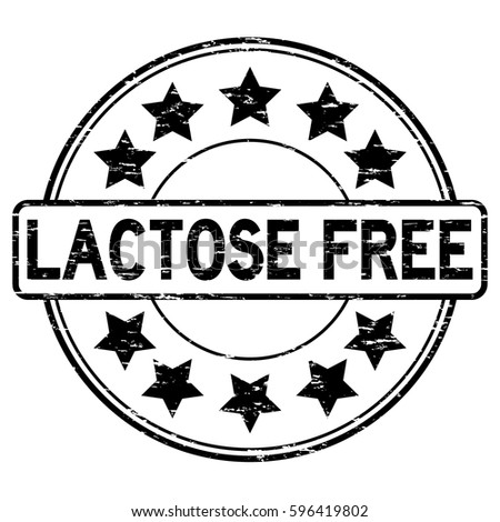 Grunge black lactose free with star icon round rubber stamp on white background