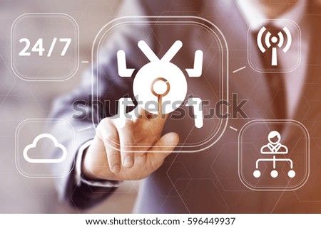 Businessman pressing button Virus network. Concept virtual network protection.