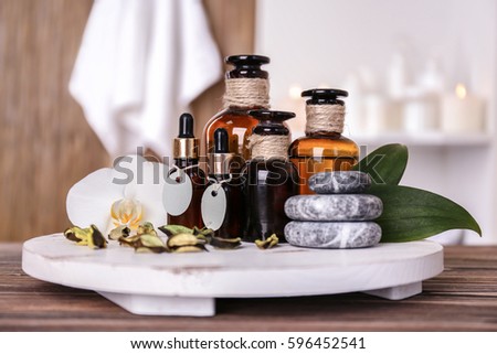 Spa treatments on wooden stand