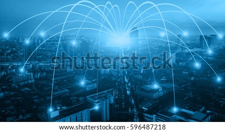 Business networking connection concept and Wi-Fi in city. Technology communication, The wireless communication , High Speed Internet , Optical fiber , Background blur building in the capital  Royalty-Free Stock Photo #596487218