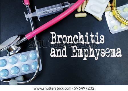 Bronchitis and Emphysema word, medical term word with medical concepts in blackboard and medical equipment. 