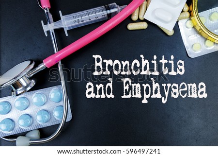 Bronchitis And Emphysema word, medical term word with medical concepts in blackboard and medical equipment. 