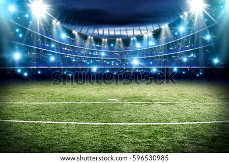 Football pitch with green grass and blue light with free space for your decoration 