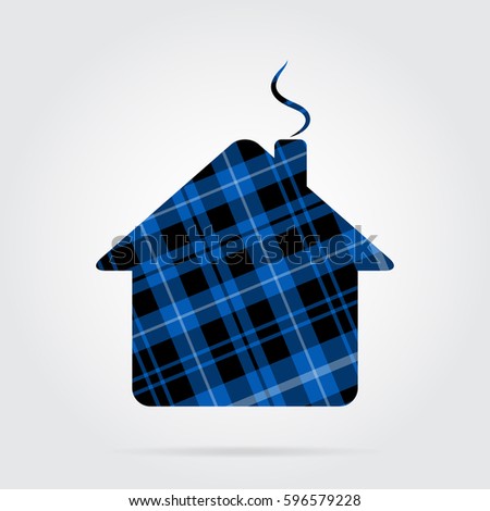 blue, black isolated tartan icon with white stripes - house, chimney and shadow in front of a gray background
