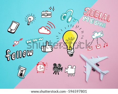 Business concept .top view airplane and  App Development Concept with Doodle design style :Hand drawn  set of social media sign and symbol mobile elements.