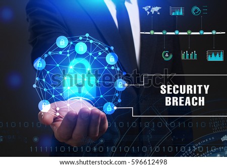 Business, Technology, Internet and network concept. Young businessman working on a virtual screen of the future and sees the inscription: Security breach
