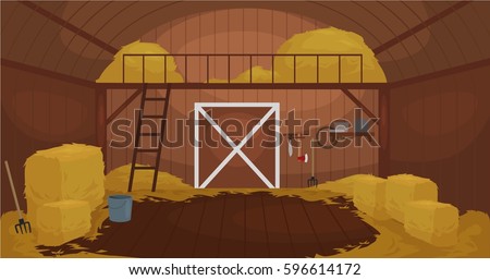 Vector illustration of  Inside Old wooden barn with haystacks. Tools for shed Royalty-Free Stock Photo #596614172