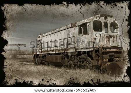 Old rusty locomotive was sent to restricted area of Chernobyl. Zone of high radioactivity. Chernobyl disaster. Rusty emblem and stigma of Soviet Union. Sign symbol disappeared in 1992 of USSR Calendar