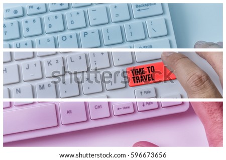 Close up of hand pressing word TIME TO TRAVEL on white keyboard.