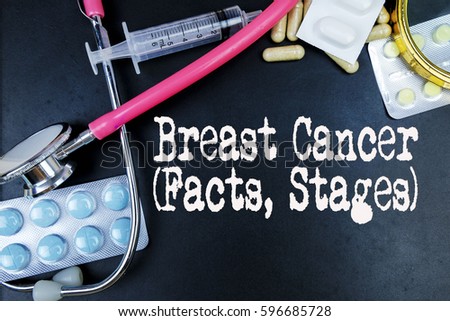 Breast Cancer (Facts, Stages) word, medical term word with medical concepts in blackboard and medical equipment.