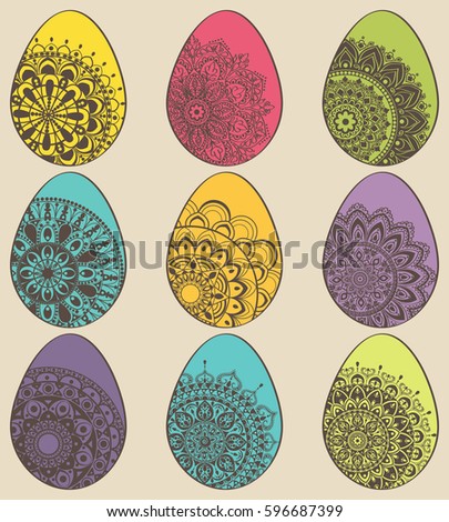 Set of color Easter eggs with mandala ornament