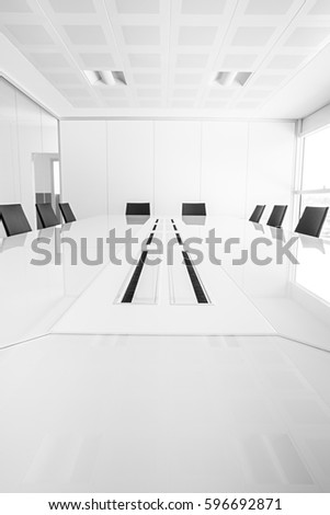 Upper deck view of a large table and chairs in a corporate boardroom. 