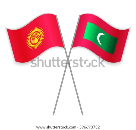 Kirgiz and Maldivian crossed flags. Kyrgyzstan combined with Maldives isolated on white. Language learning, international business or travel concept.