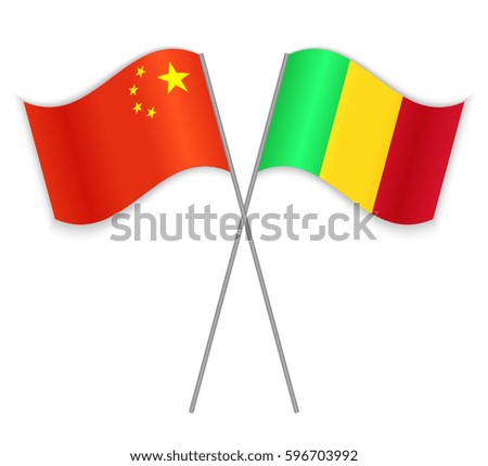 Chinese and Malian crossed flags. China combined with Mali isolated on white. Language learning, international business or travel concept.