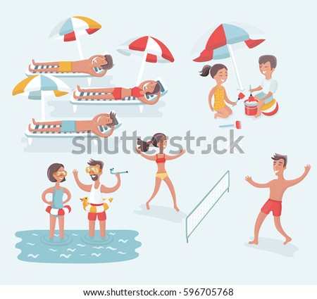 Vector set of cartoon illustration of scene of different people rest on summer beach. Summertime. Isolated Children and adults. Volleyball, swimming and take sunbath, playing in the sand and diving.