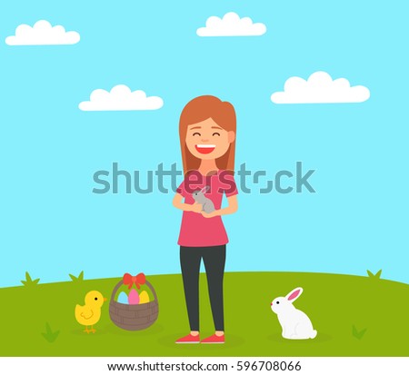Happy Easter. Cute girl, rabbits and chicken. Wicker basket with eggs. Friendship with the Easter Bunny and a chicken. Vector images in cartoon style