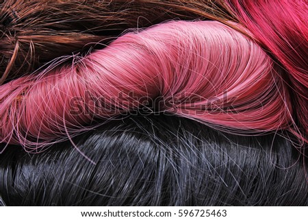 Wig texture. Synthetic hair wigs close up photo.  Fibers from wig.