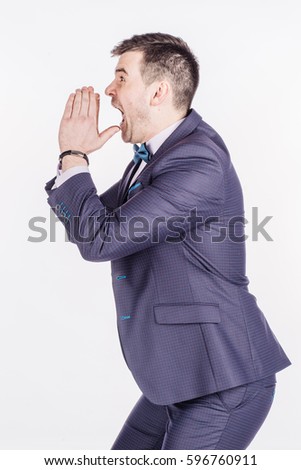 businessman yelling with open hands. emotions, facial expressions, feelings, body language, signs. image on a white studio background.