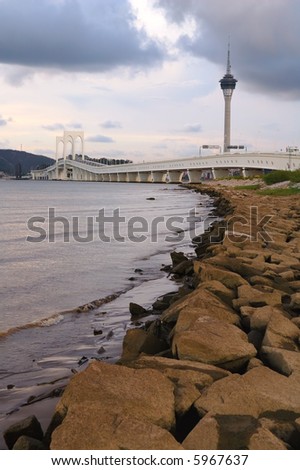 The sea shore of Sai Van bridge and conventional tower