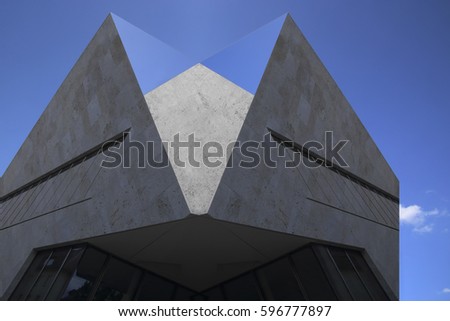 Modern architecture. Reworked photo of sandstone building in minimalism / constructivism style against bright blue sky