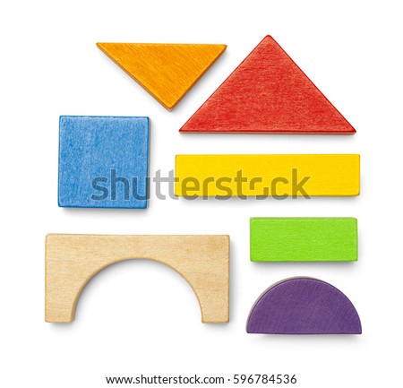 Various Wood Toy Block Pieces and Shapes Isolated on White Background. Royalty-Free Stock Photo #596784536