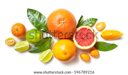various citrus fruits isolated on white background, top view Royalty-Free Stock Photo #596789216